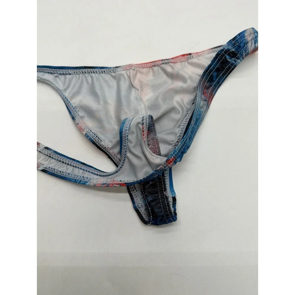Mens Abstract Floral Print Low Rise Pouch Thong Underwear Blue Red White